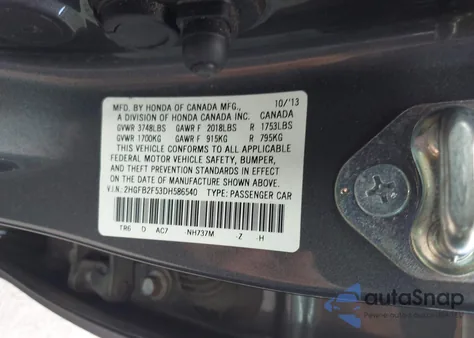 2013 Honda Civic Lx from USA, damaged, VIN 2HGFB2F53DH586540